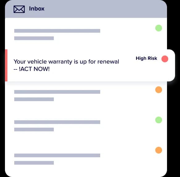 A graphic depicting an email inbox with one email subject visible and flagged as a high risk email.