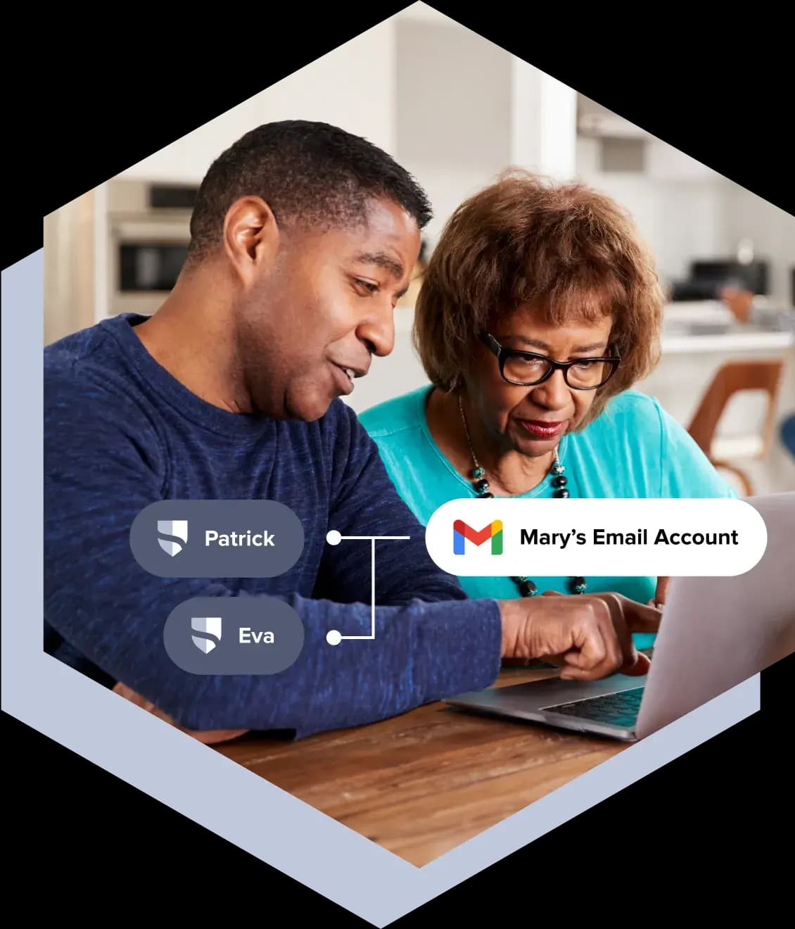 A son pointing something out on a laptop to his elderly mother. There are graphics on top depicting her gmail account connected to her 2 her children to monitor her account.