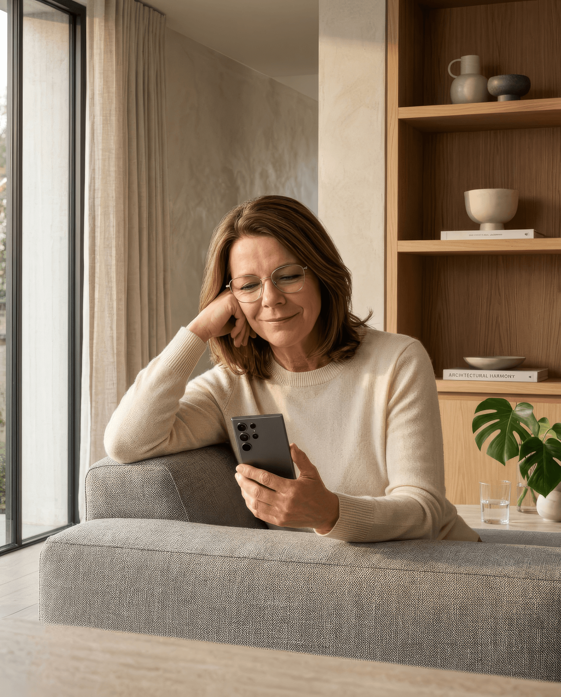 A woman at home, reading a message on her phone.